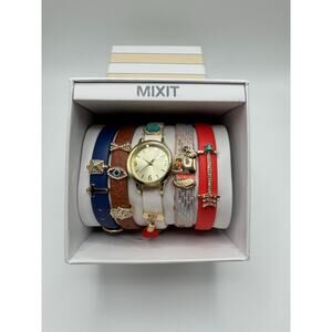 Mixit Women’s Watch & Bracelet Gift Set Gold Tone Multi Color Bands New in Box
